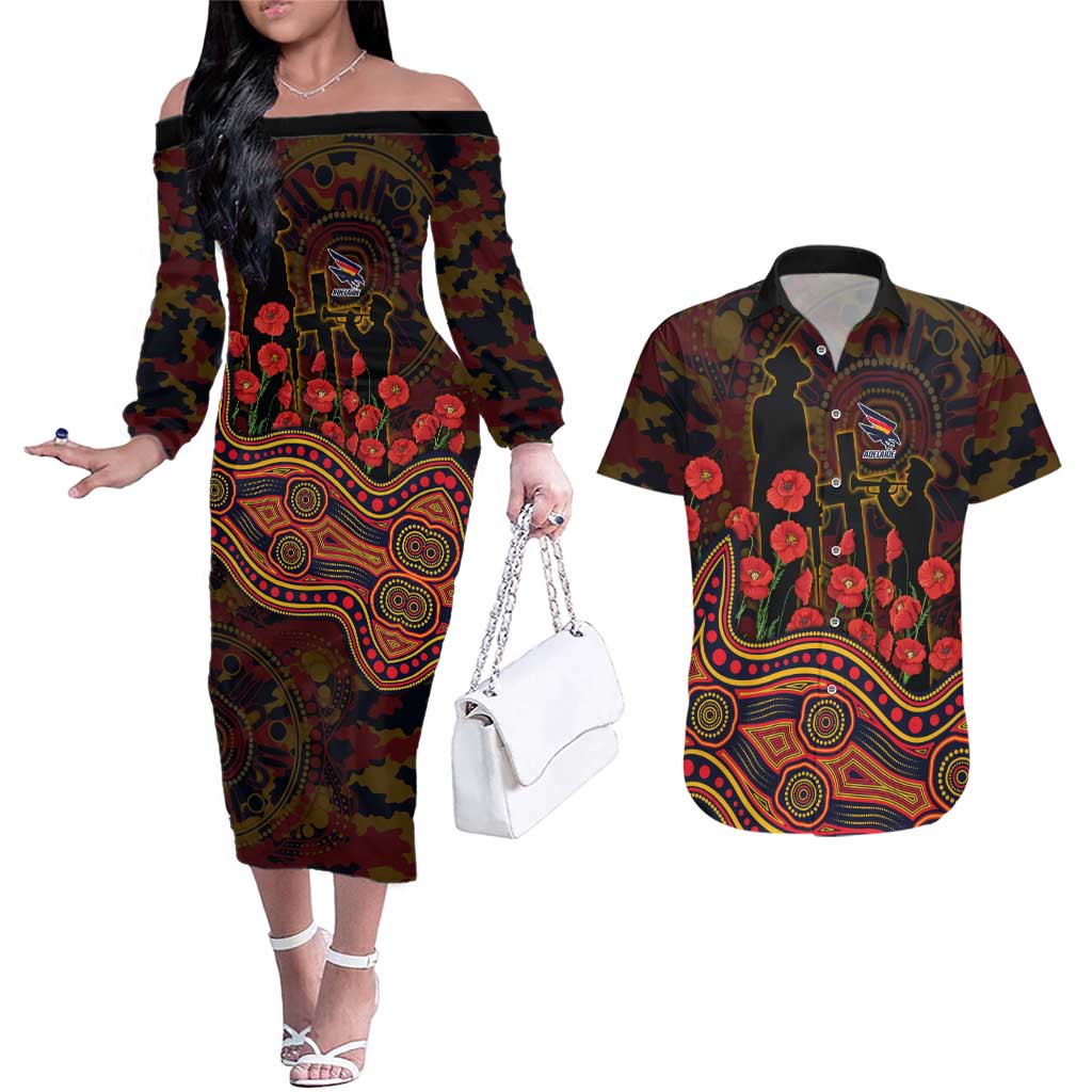 Adelaide Crows ANZAC Day Couples Matching Off The Shoulder Long Sleeve Dress and Hawaiian Shirt Indigenous Dot Art with Poppy Flower Tribute