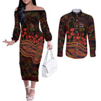 Adelaide Crows ANZAC Day Couples Matching Off The Shoulder Long Sleeve Dress and Long Sleeve Button Shirt Indigenous Dot Art with Poppy Flower Tribute