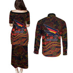 Adelaide Crows ANZAC Day Couples Matching Puletasi and Long Sleeve Button Shirt Indigenous Dot Art with Poppy Flower Tribute