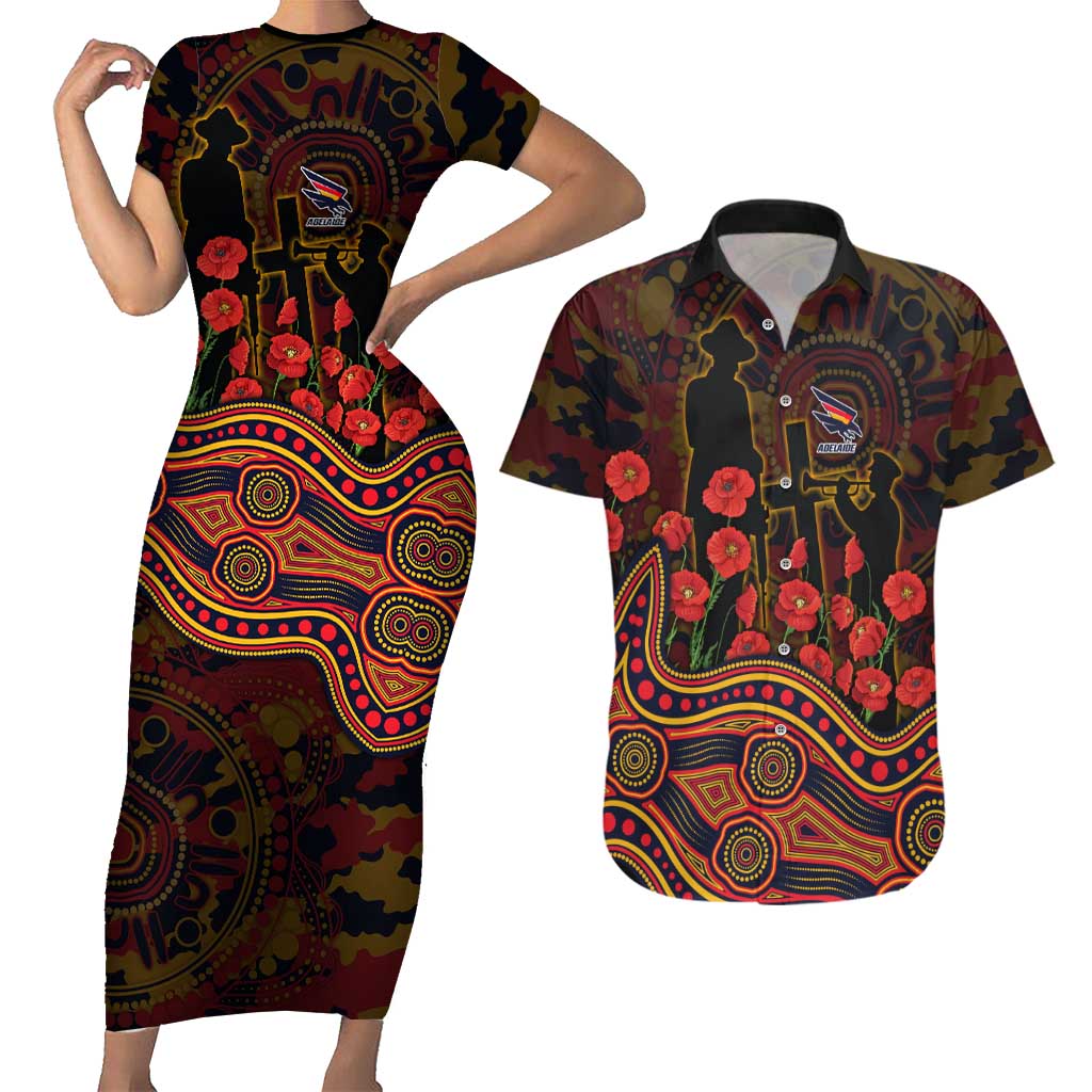 Adelaide Crows ANZAC Day Couples Matching Short Sleeve Bodycon Dress and Hawaiian Shirt Indigenous Dot Art with Poppy Flower Tribute