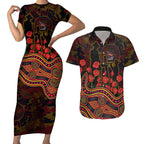 Adelaide Crows ANZAC Day Couples Matching Short Sleeve Bodycon Dress and Hawaiian Shirt Indigenous Dot Art with Poppy Flower Tribute