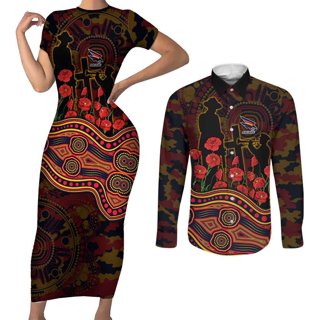 Adelaide Crows ANZAC Day Couples Matching Short Sleeve Bodycon Dress and Long Sleeve Button Shirt Indigenous Dot Art with Poppy Flower Tribute