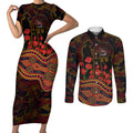 Adelaide Crows ANZAC Day Couples Matching Short Sleeve Bodycon Dress and Long Sleeve Button Shirt Indigenous Dot Art with Poppy Flower Tribute
