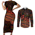 Adelaide Crows ANZAC Day Couples Matching Short Sleeve Bodycon Dress and Long Sleeve Button Shirt Indigenous Dot Art with Poppy Flower Tribute