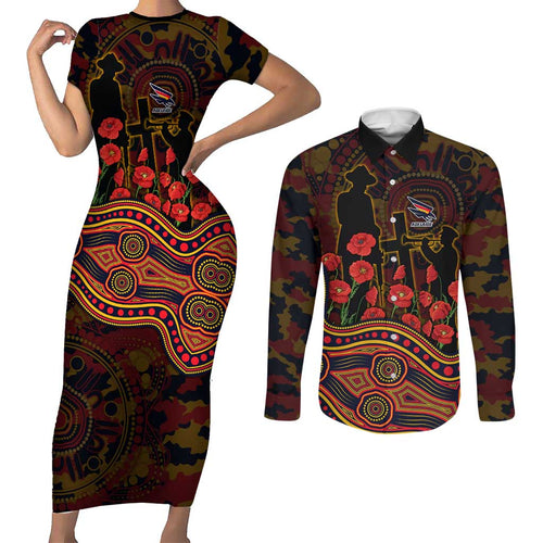 Adelaide Crows ANZAC Day Couples Matching Short Sleeve Bodycon Dress and Long Sleeve Button Shirt Indigenous Dot Art with Poppy Flower Tribute
