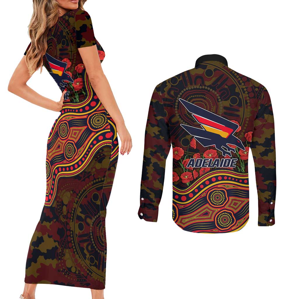 Adelaide Crows ANZAC Day Couples Matching Short Sleeve Bodycon Dress and Long Sleeve Button Shirt Indigenous Dot Art with Poppy Flower Tribute