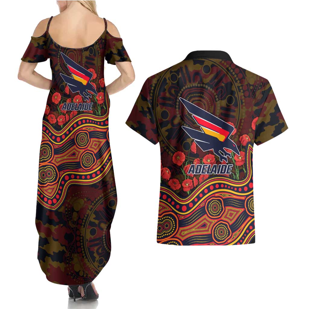 Adelaide Crows ANZAC Day Couples Matching Summer Maxi Dress and Hawaiian Shirt Indigenous Dot Art with Poppy Flower Tribute
