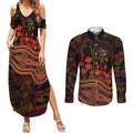 Adelaide Crows ANZAC Day Couples Matching Summer Maxi Dress and Long Sleeve Button Shirt Indigenous Dot Art with Poppy Flower Tribute
