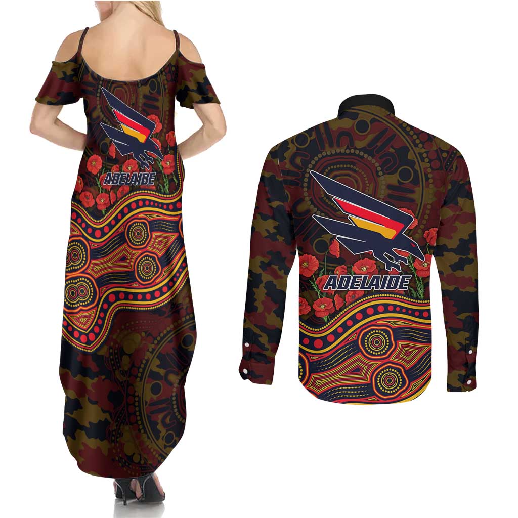 Adelaide Crows ANZAC Day Couples Matching Summer Maxi Dress and Long Sleeve Button Shirt Indigenous Dot Art with Poppy Flower Tribute