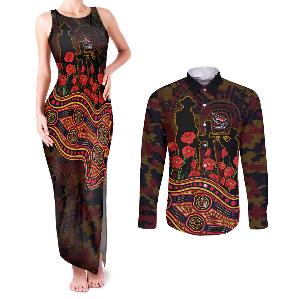 Adelaide Crows ANZAC Day Couples Matching Tank Maxi Dress and Long Sleeve Button Shirt Indigenous Dot Art with Poppy Flower Tribute