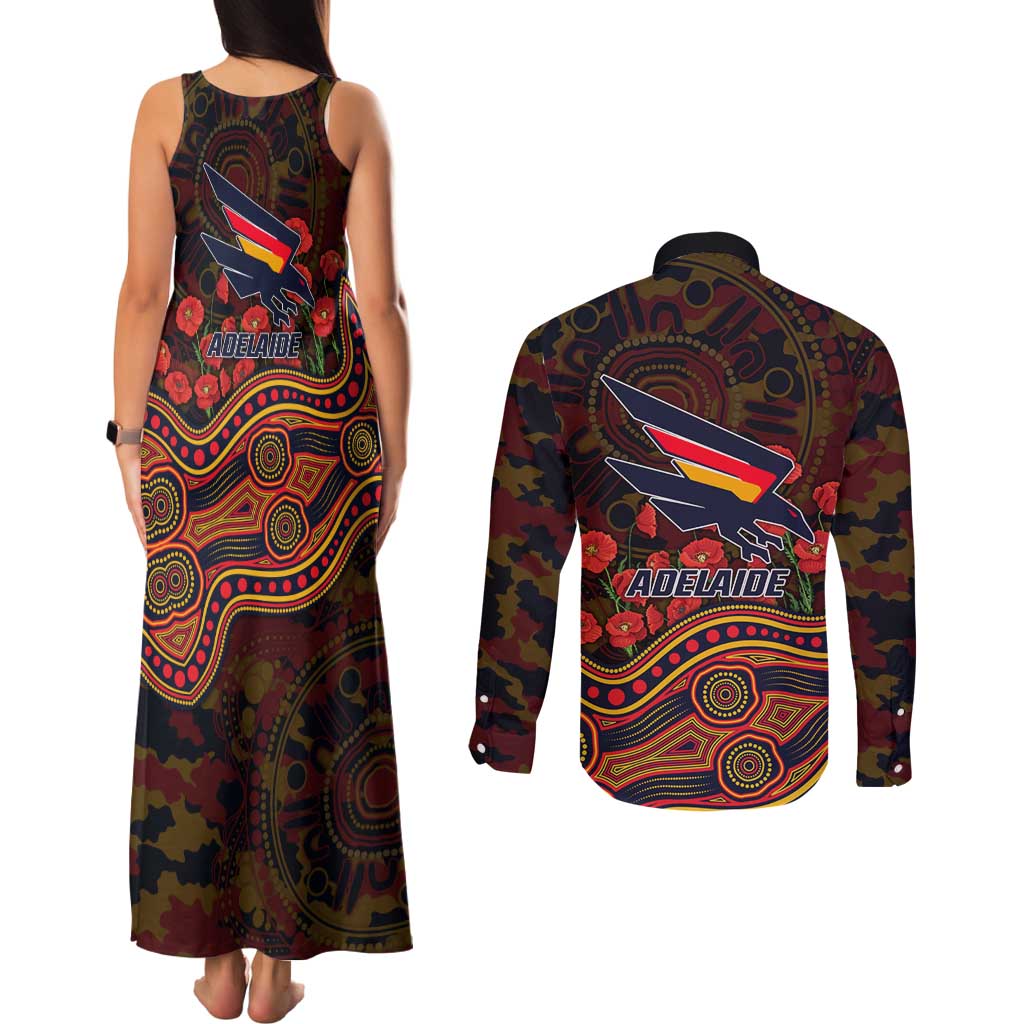 Adelaide Crows ANZAC Day Couples Matching Tank Maxi Dress and Long Sleeve Button Shirt Indigenous Dot Art with Poppy Flower Tribute
