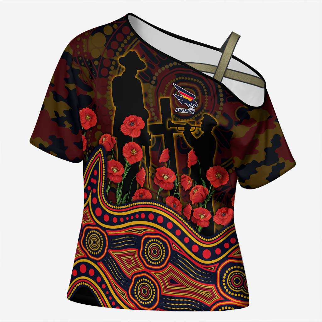 Adelaide Crows ANZAC Day Cross Shoulder Shirt Indigenous Dot Art with Poppy Flower Tribute