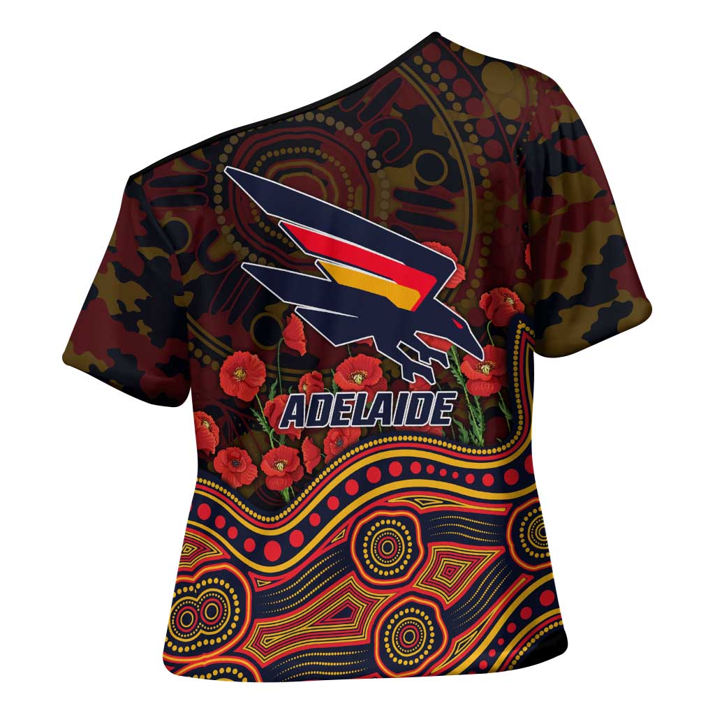 Adelaide Crows ANZAC Day Cross Shoulder Shirt Indigenous Dot Art with Poppy Flower Tribute