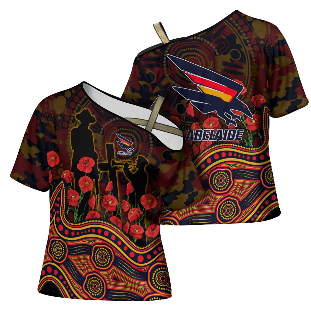 Adelaide Crows ANZAC Day Cross Shoulder Shirt Indigenous Dot Art with Poppy Flower Tribute