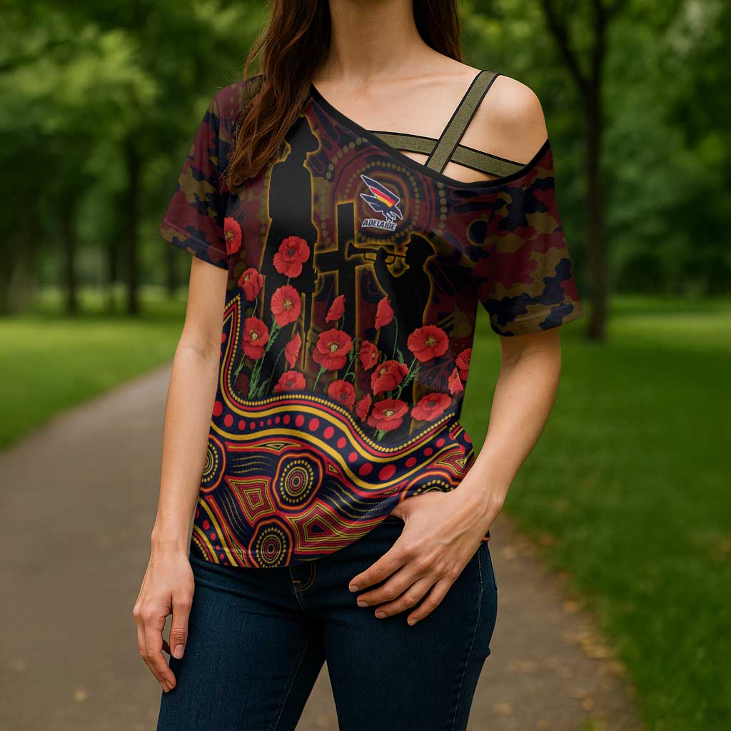 Adelaide Crows ANZAC Day Cross Shoulder Shirt Indigenous Dot Art with Poppy Flower Tribute