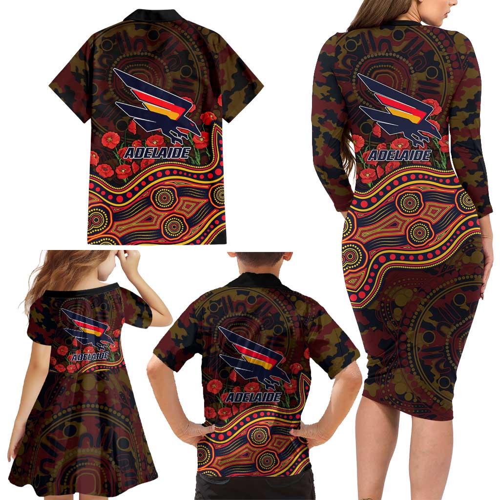 Adelaide Crows ANZAC Day Family Matching Long Sleeve Bodycon Dress and Hawaiian Shirt Indigenous Dot Art with Poppy Flower Tribute