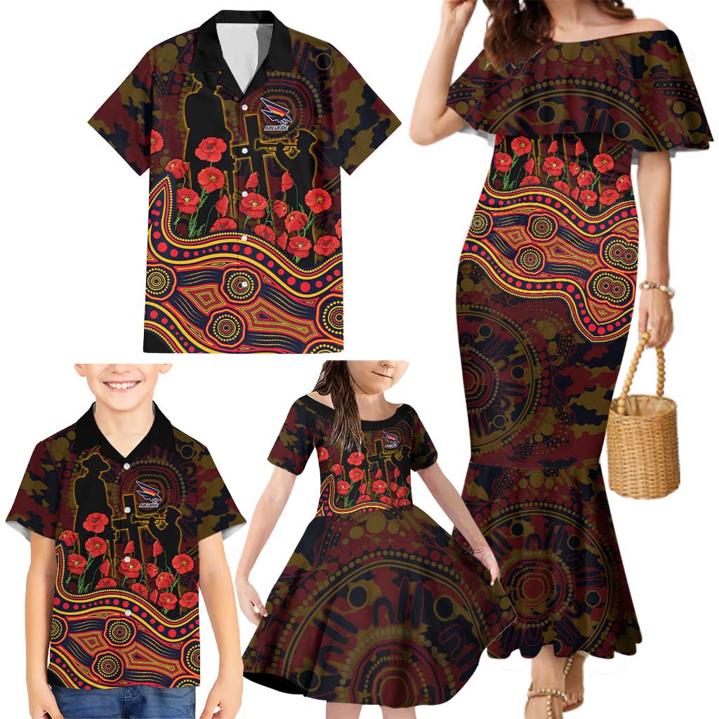 Adelaide Crows ANZAC Day Family Matching Mermaid Dress and Hawaiian Shirt Indigenous Dot Art with Poppy Flower Tribute