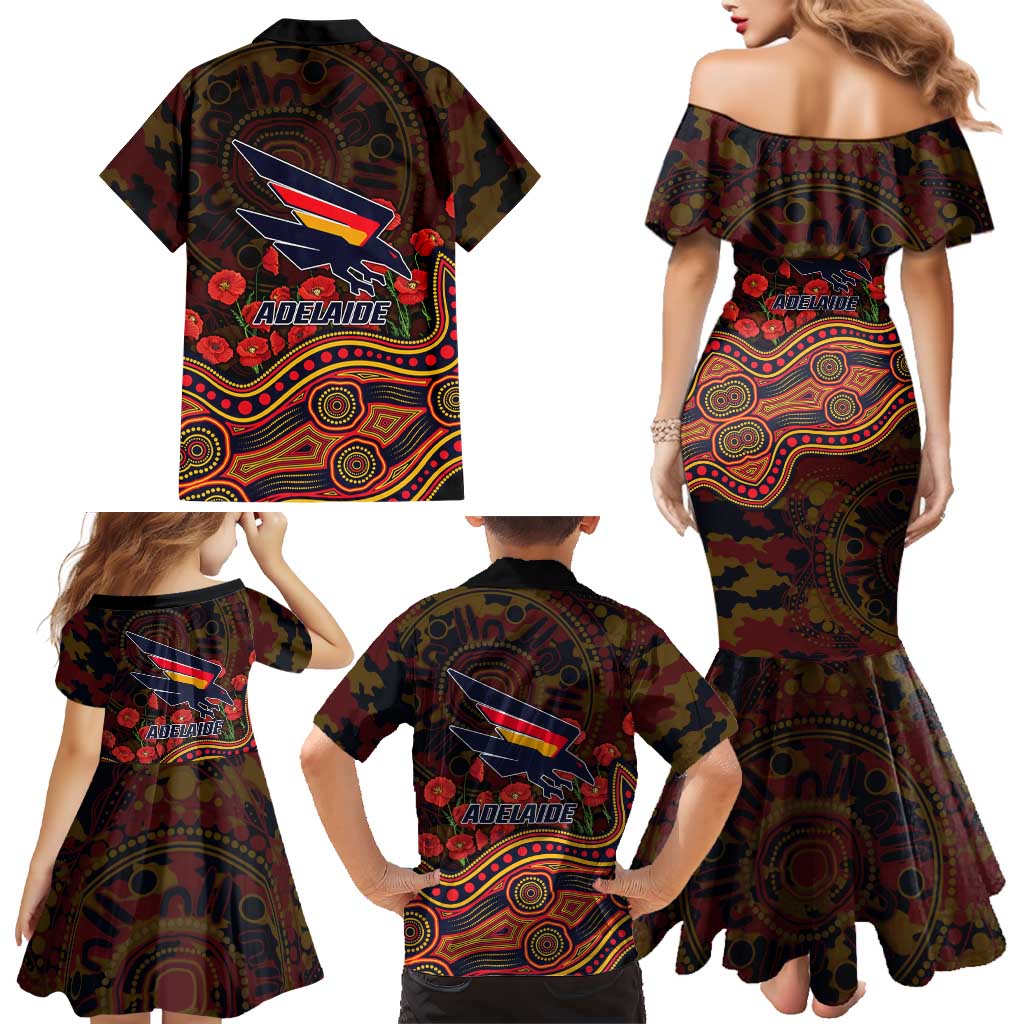 Adelaide Crows ANZAC Day Family Matching Mermaid Dress and Hawaiian Shirt Indigenous Dot Art with Poppy Flower Tribute