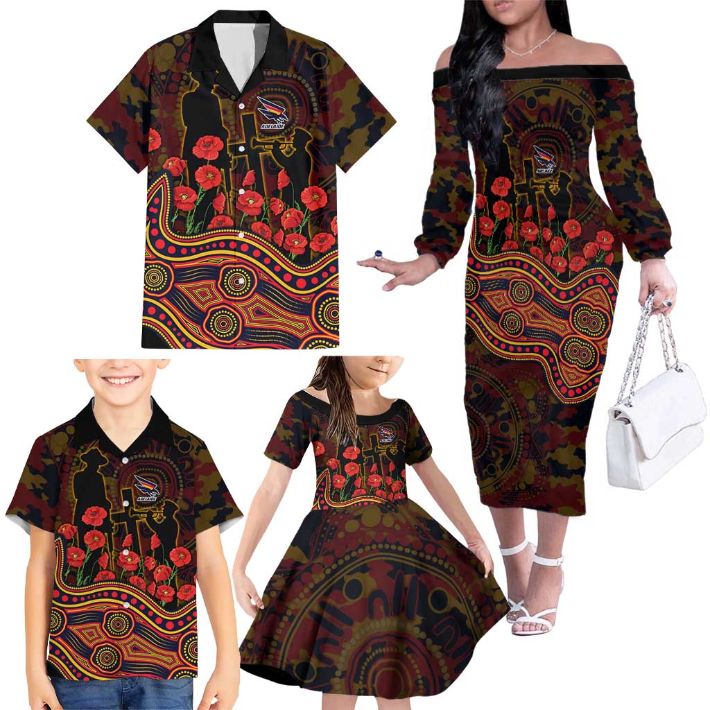 Adelaide Crows ANZAC Day Family Matching Off The Shoulder Long Sleeve Dress and Hawaiian Shirt Indigenous Dot Art with Poppy Flower Tribute