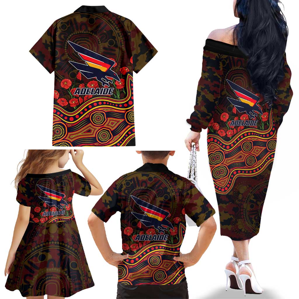 Adelaide Crows ANZAC Day Family Matching Off The Shoulder Long Sleeve Dress and Hawaiian Shirt Indigenous Dot Art with Poppy Flower Tribute