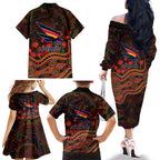 Adelaide Crows ANZAC Day Family Matching Off The Shoulder Long Sleeve Dress and Hawaiian Shirt Indigenous Dot Art with Poppy Flower Tribute