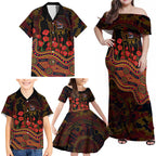 Adelaide Crows ANZAC Day Family Matching Off Shoulder Maxi Dress and Hawaiian Shirt Indigenous Dot Art with Poppy Flower Tribute