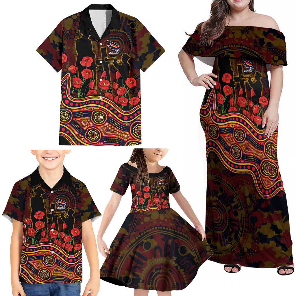 Adelaide Crows ANZAC Day Family Matching Off Shoulder Maxi Dress and Hawaiian Shirt Indigenous Dot Art with Poppy Flower Tribute