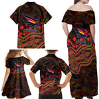 Adelaide Crows ANZAC Day Family Matching Off Shoulder Maxi Dress and Hawaiian Shirt Indigenous Dot Art with Poppy Flower Tribute