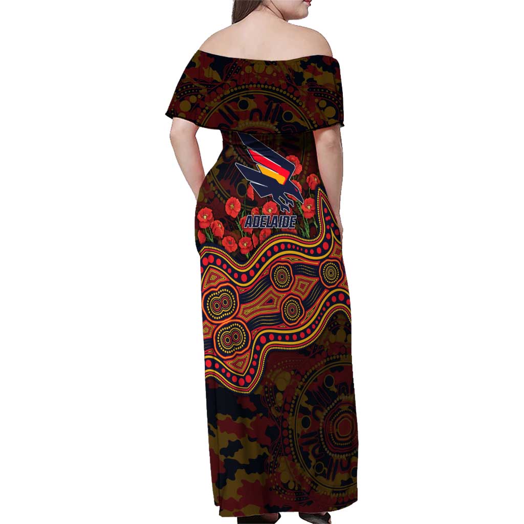 Adelaide Crows ANZAC Day Family Matching Off Shoulder Maxi Dress and Hawaiian Shirt Indigenous Dot Art with Poppy Flower Tribute