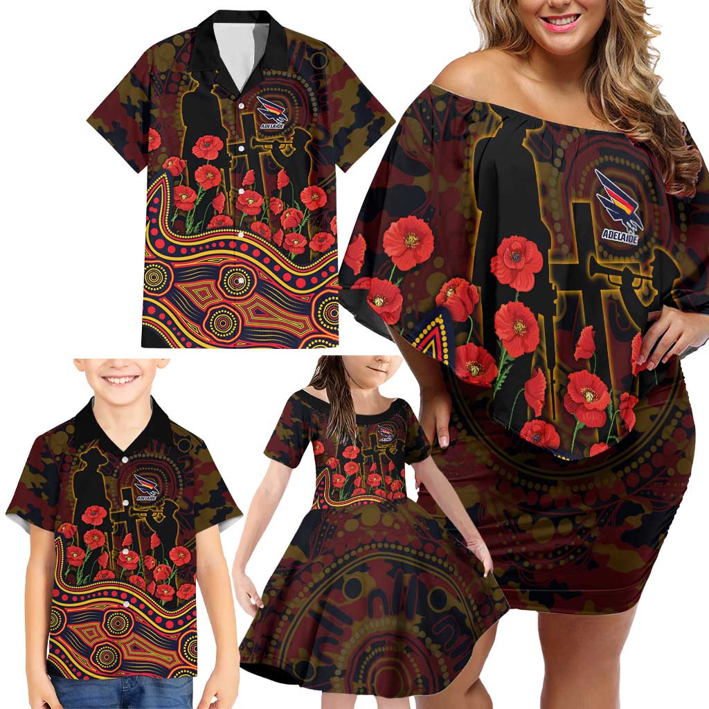 Adelaide Crows ANZAC Day Family Matching Off Shoulder Short Dress and Hawaiian Shirt Indigenous Dot Art with Poppy Flower Tribute