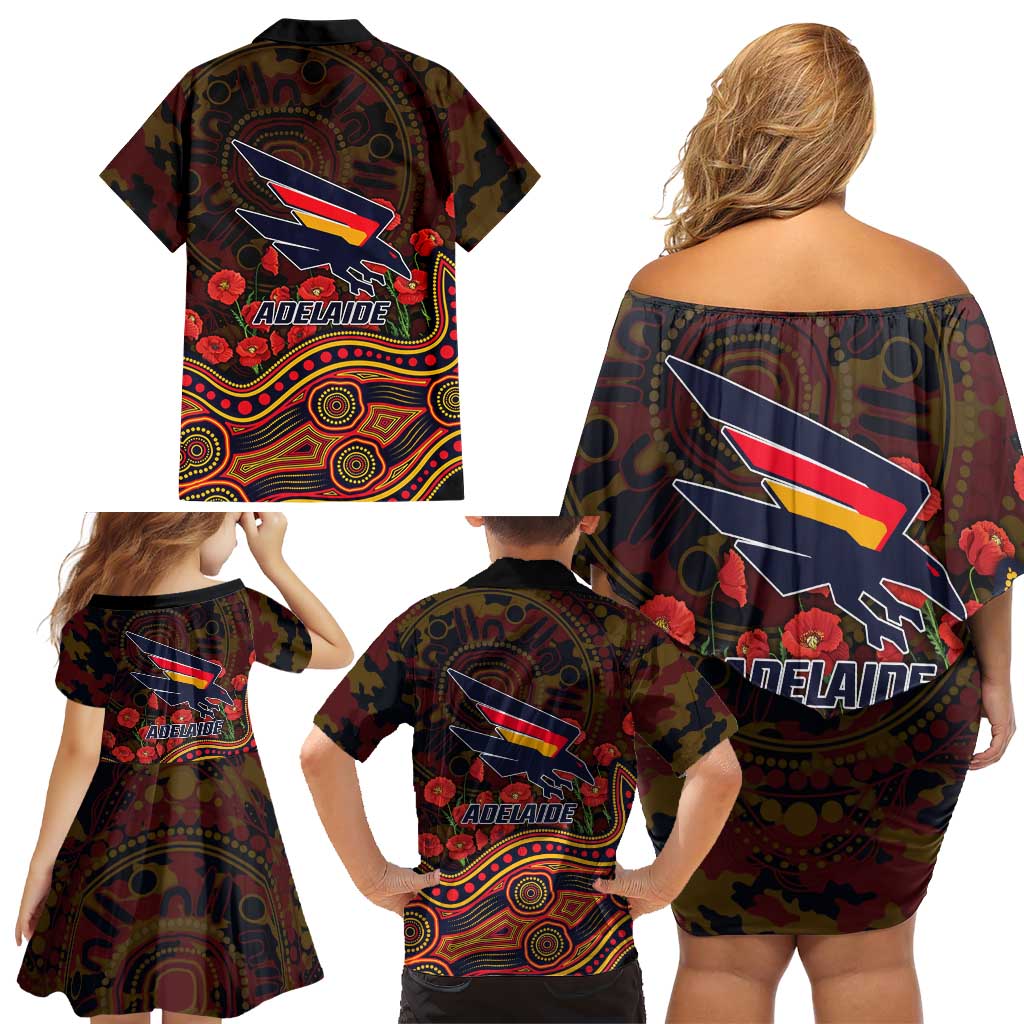 Adelaide Crows ANZAC Day Family Matching Off Shoulder Short Dress and Hawaiian Shirt Indigenous Dot Art with Poppy Flower Tribute