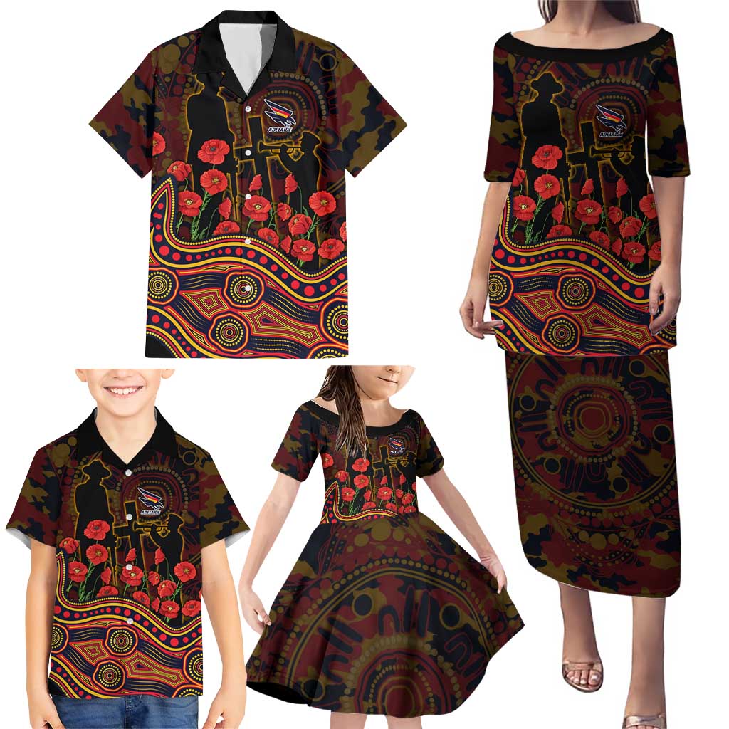 Adelaide Crows ANZAC Day Family Matching Puletasi and Hawaiian Shirt Indigenous Dot Art with Poppy Flower Tribute