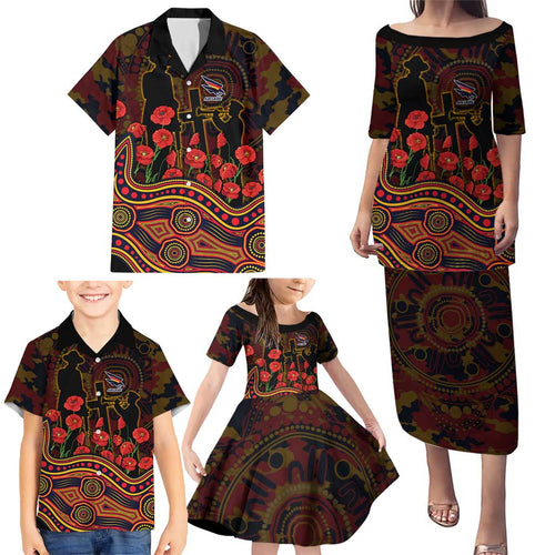 Adelaide Crows ANZAC Day Family Matching Puletasi and Hawaiian Shirt Indigenous Dot Art with Poppy Flower Tribute