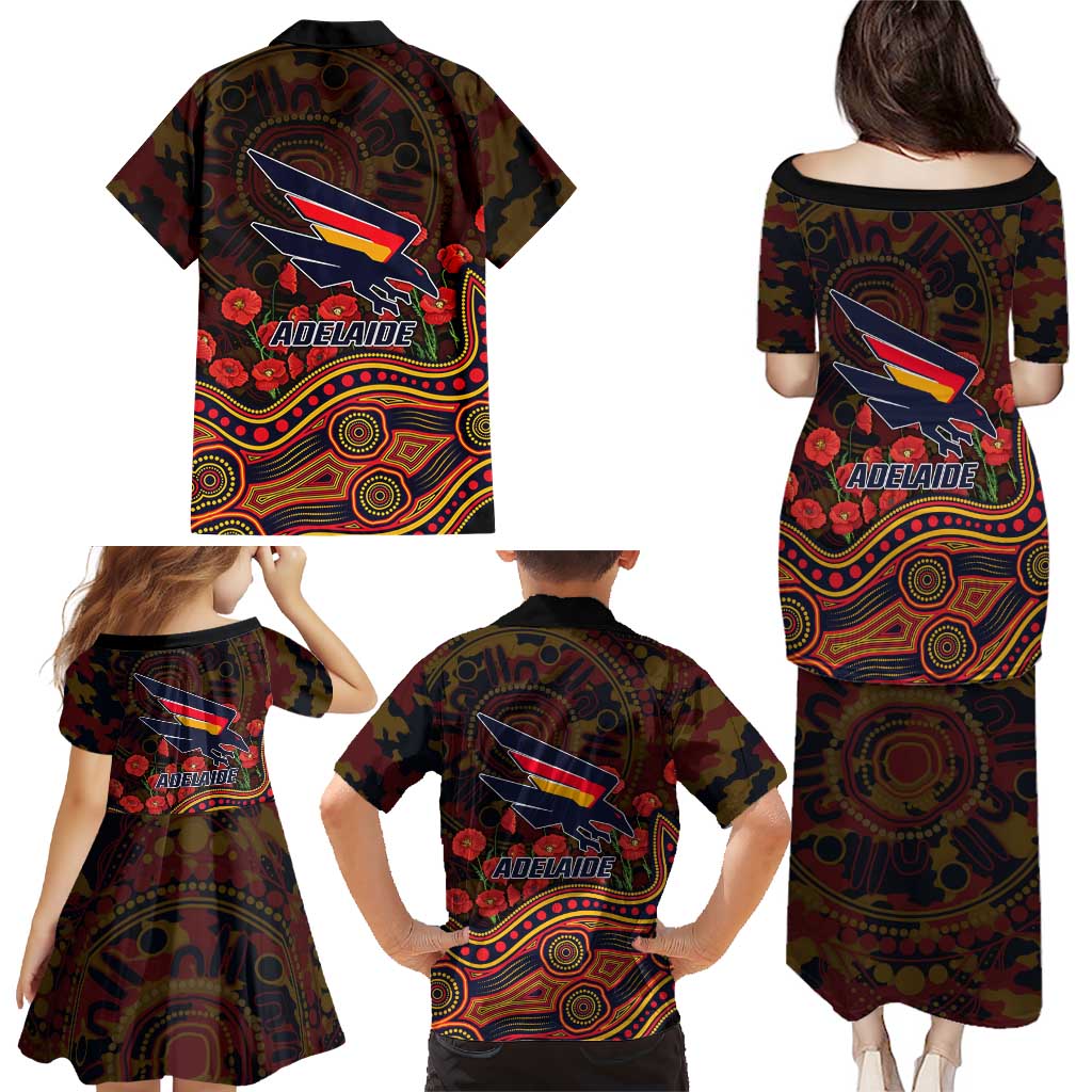 Adelaide Crows ANZAC Day Family Matching Puletasi and Hawaiian Shirt Indigenous Dot Art with Poppy Flower Tribute