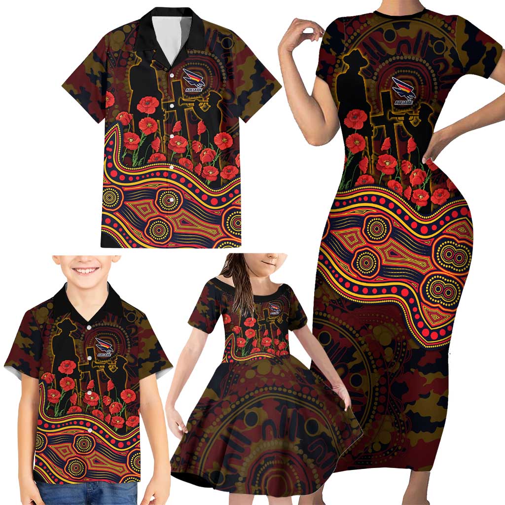 Adelaide Crows ANZAC Day Family Matching Short Sleeve Bodycon Dress and Hawaiian Shirt Indigenous Dot Art with Poppy Flower Tribute