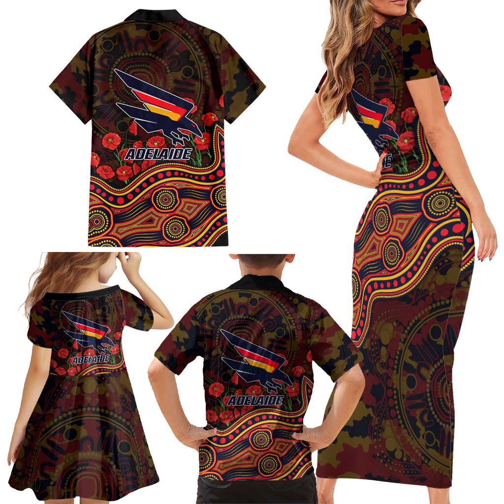 Adelaide Crows ANZAC Day Family Matching Short Sleeve Bodycon Dress and Hawaiian Shirt Indigenous Dot Art with Poppy Flower Tribute