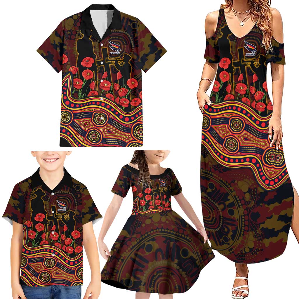 Adelaide Crows ANZAC Day Family Matching Summer Maxi Dress and Hawaiian Shirt Indigenous Dot Art with Poppy Flower Tribute