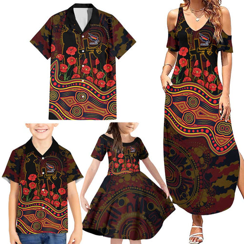 Adelaide Crows ANZAC Day Family Matching Summer Maxi Dress and Hawaiian Shirt Indigenous Dot Art with Poppy Flower Tribute