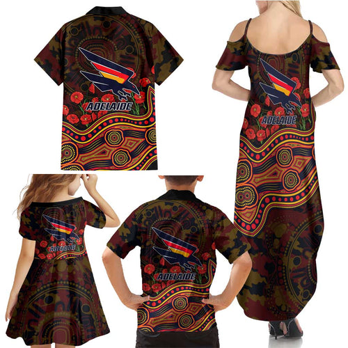 Adelaide Crows ANZAC Day Family Matching Summer Maxi Dress and Hawaiian Shirt Indigenous Dot Art with Poppy Flower Tribute