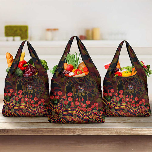 Adelaide Crows ANZAC Day Grocery Bag Indigenous Dot Art with Poppy Flower Tribute