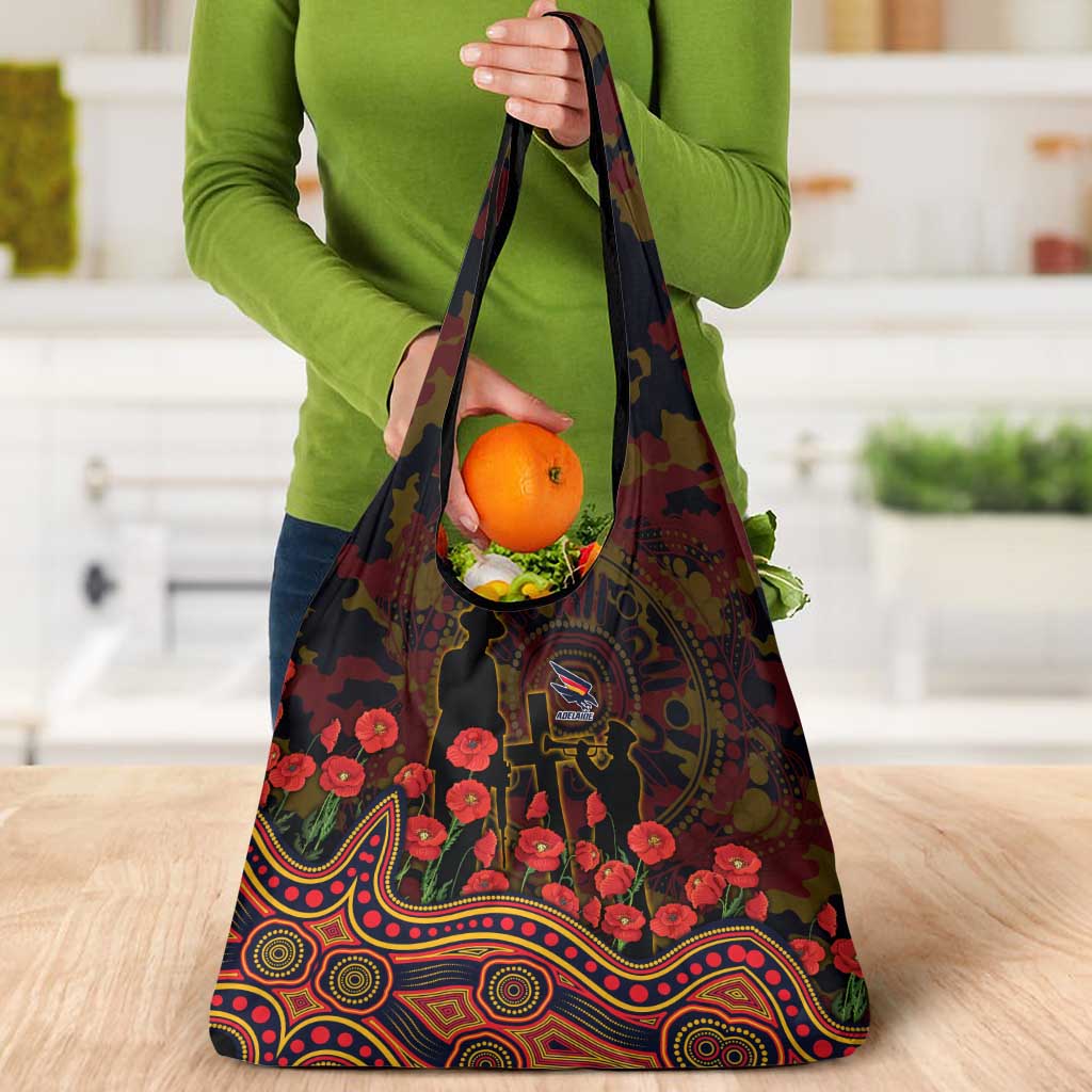 Adelaide Crows ANZAC Day Grocery Bag Indigenous Dot Art with Poppy Flower Tribute