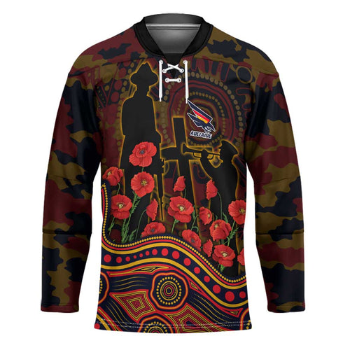 Adelaide Crows ANZAC Day Hockey Jersey Indigenous Dot Art with Poppy Flower Tribute