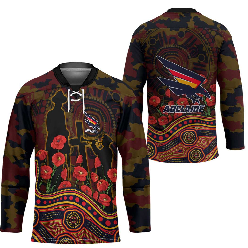 Adelaide Crows ANZAC Day Hockey Jersey Indigenous Dot Art with Poppy Flower Tribute