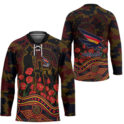 Adelaide Crows ANZAC Day Hockey Jersey Indigenous Dot Art with Poppy Flower Tribute