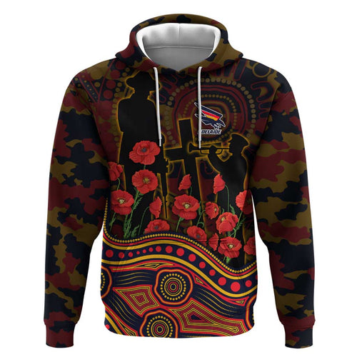 Adelaide Crows ANZAC Day Hoodie Indigenous Dot Art with Poppy Flower Tribute
