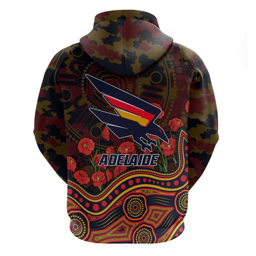 Adelaide Crows ANZAC Day Hoodie Indigenous Dot Art with Poppy Flower Tribute