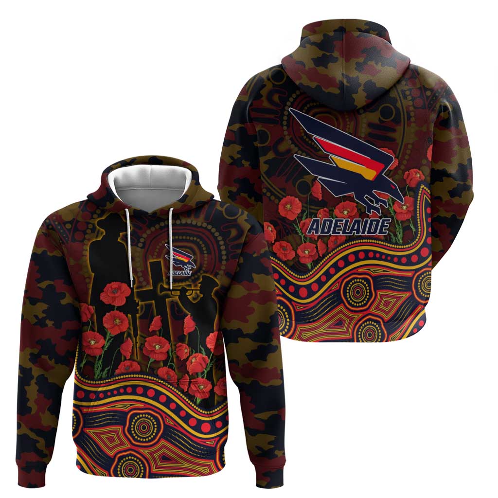 Adelaide Crows ANZAC Day Hoodie Indigenous Dot Art with Poppy Flower Tribute