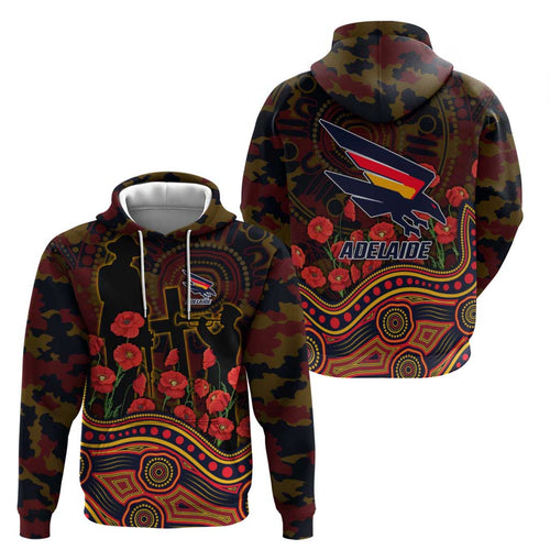 Adelaide Crows ANZAC Day Hoodie Indigenous Dot Art with Poppy Flower Tribute