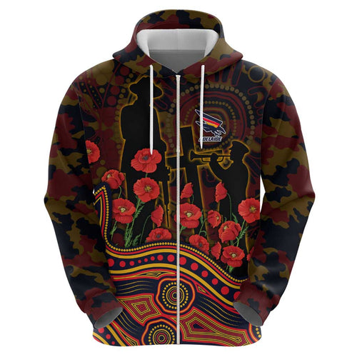 Adelaide Crows ANZAC Day Hoodie Indigenous Dot Art with Poppy Flower Tribute