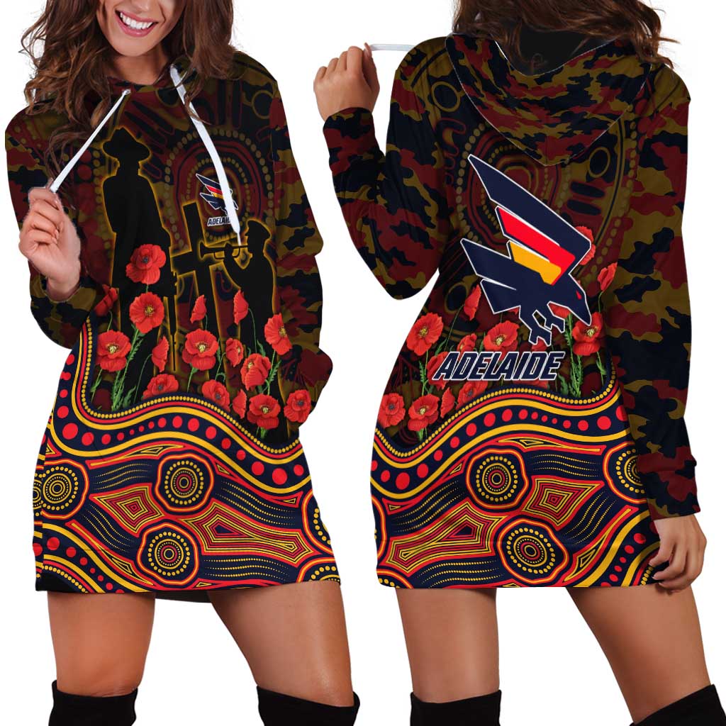 Adelaide Crows ANZAC Day Hoodie Dress Indigenous Dot Art with Poppy Flower Tribute
